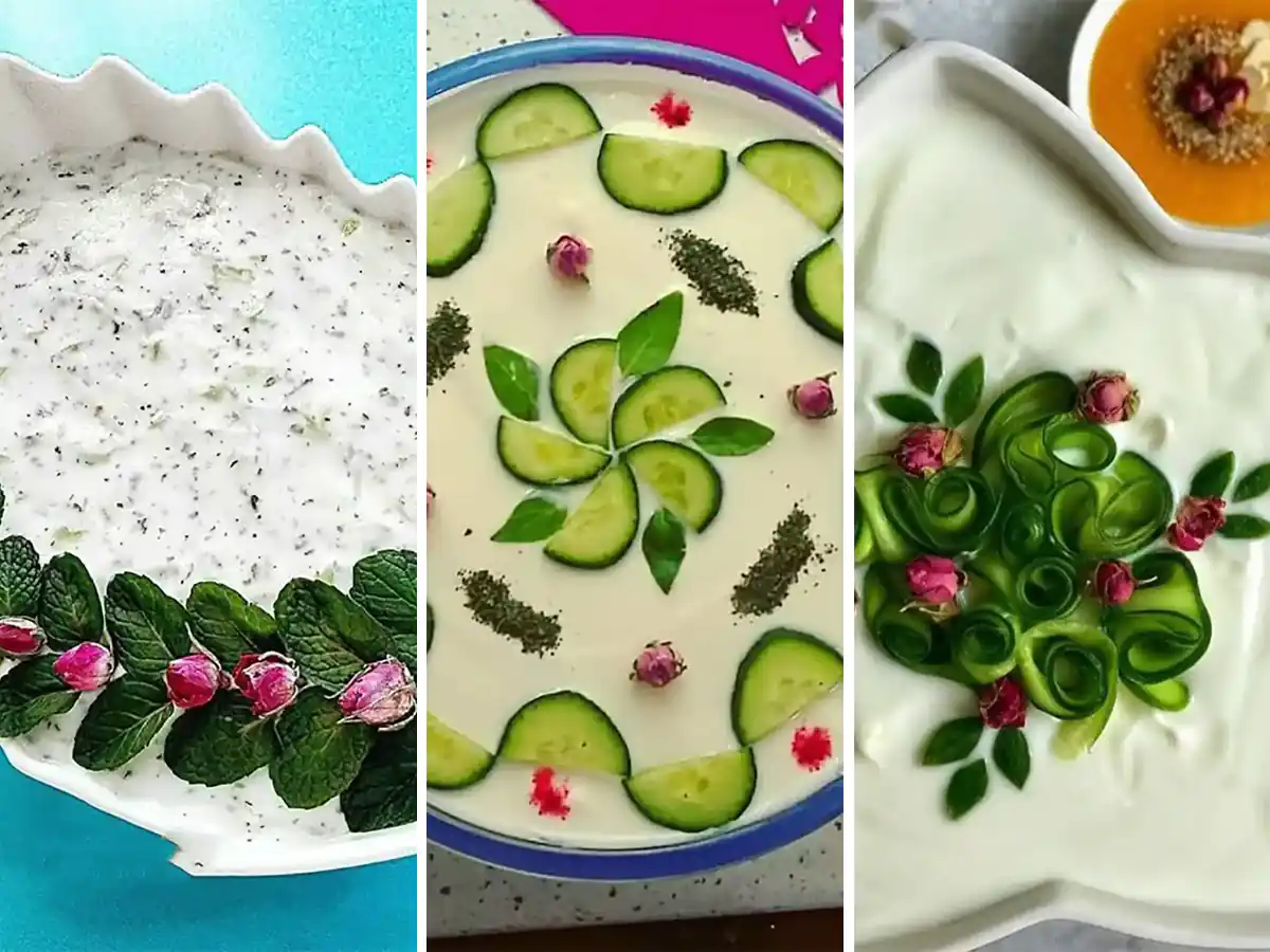 تزیین ماست و خیار مجلسی زیبا آموزش تزیین ماست و خیار راحت ماست و خیار قالبی برای مهمانی تزیین ماست با خیار حلقه‌ای ماست و خیار برای سفره عقد تزیین ساده ماست و خیار سنتی
