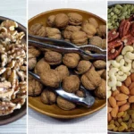 خواص گردو برای سلامتی؛ کاسه مغز گردو و سینی خشکبار متنوع