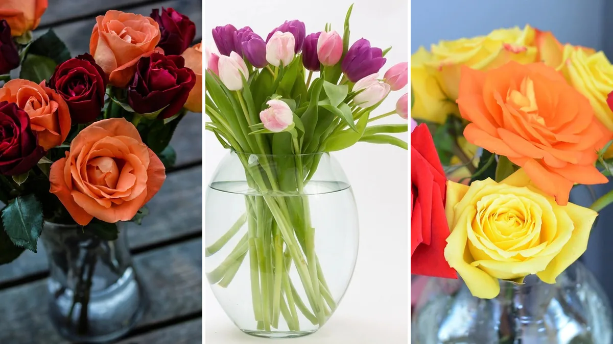 مدل گلدان شیشه‌ای با گل رز و لاله رنگی