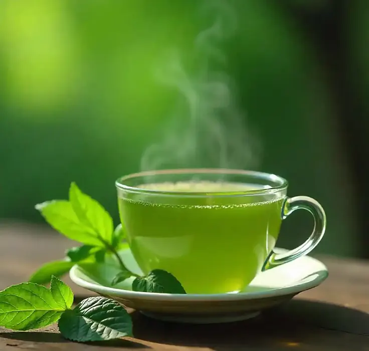 چای سبز داغ با برگ چای تازه