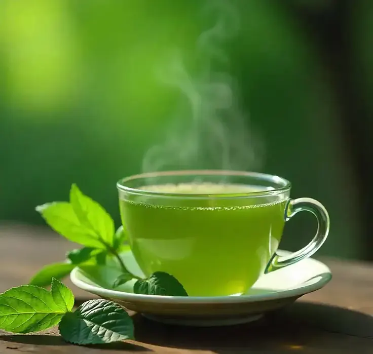 فنجان دمنوش گیاهی بخارگرفته و تازه