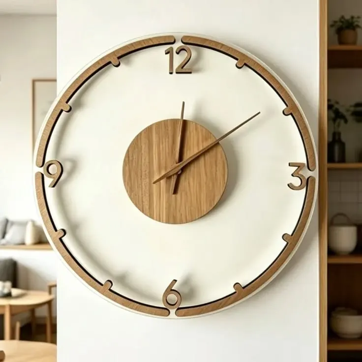 ساعت دیواری مینیمال سفید و چوبی برای خانه